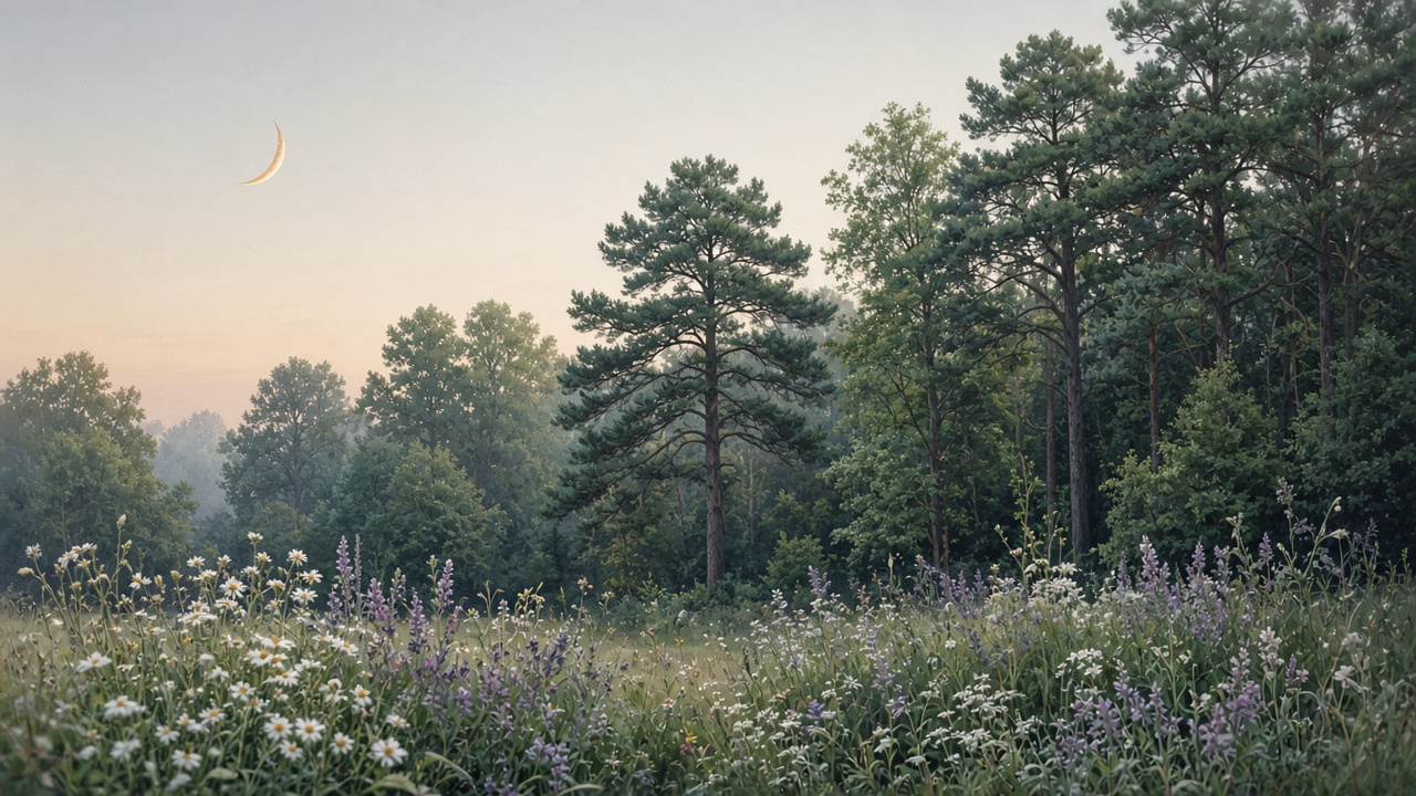 A moonlit stand of trees and wildflowers.