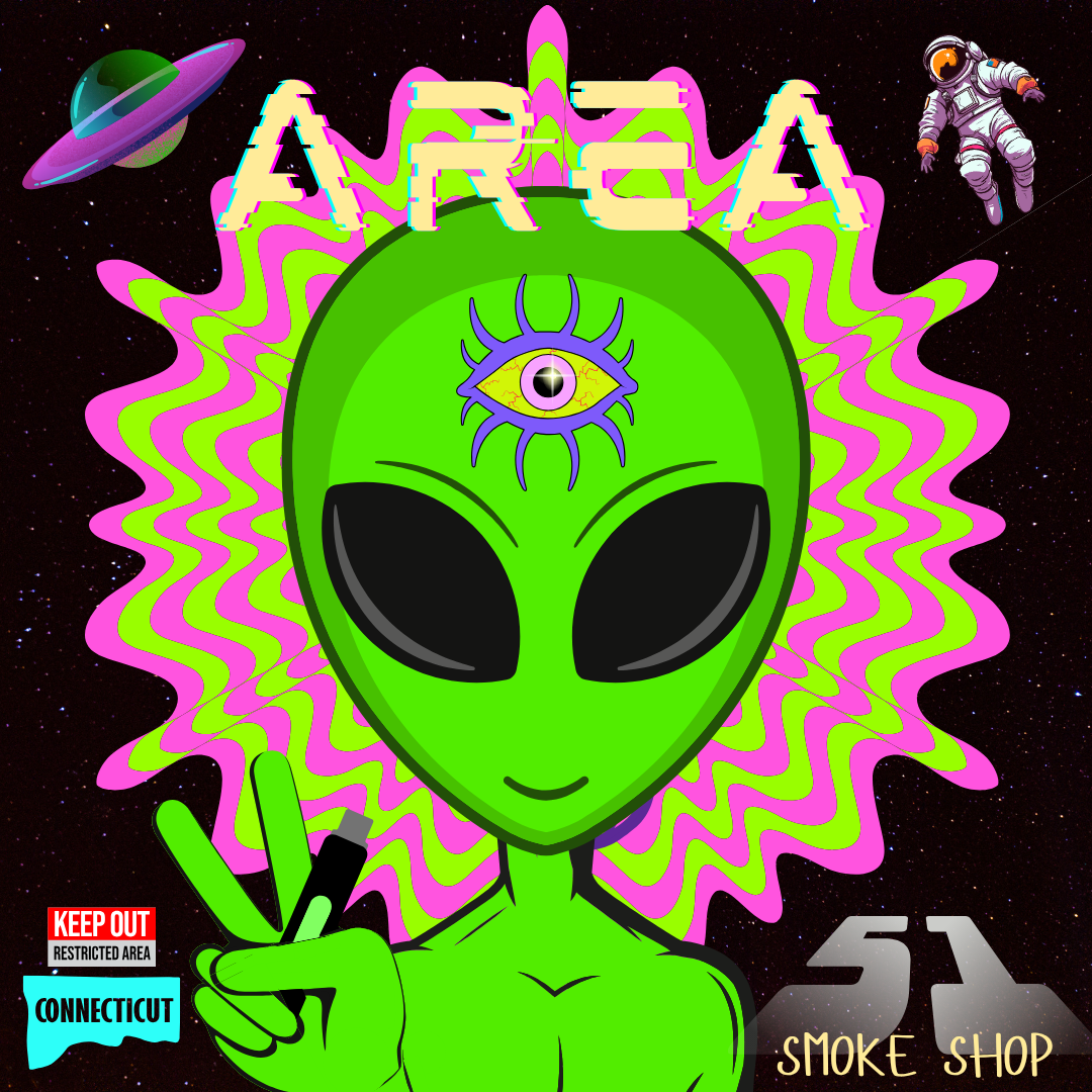 Area 51 promotional poster with a green figure, a glitch title, planets, and smoke shop lettering.