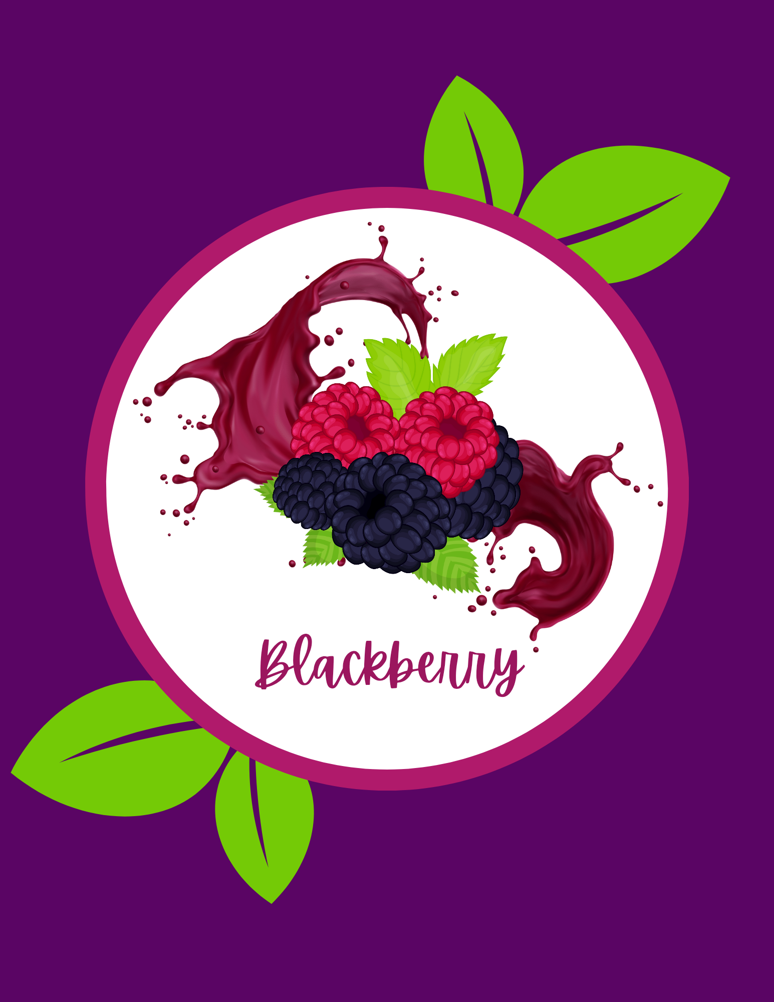 Blackberry scent logo with raspberries, blackberries, purple juice, and green leaves on a purple field.