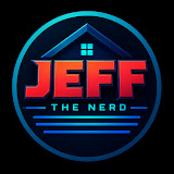 Circular Jeff the Nerd logo with a house roof, red lettering, and a teal ring on black.
