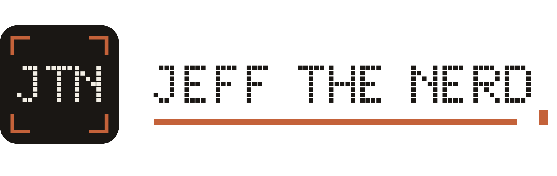 Jeff the Nerd website logo with a pixel JTN tile, dotted lettering, and a copper underline.