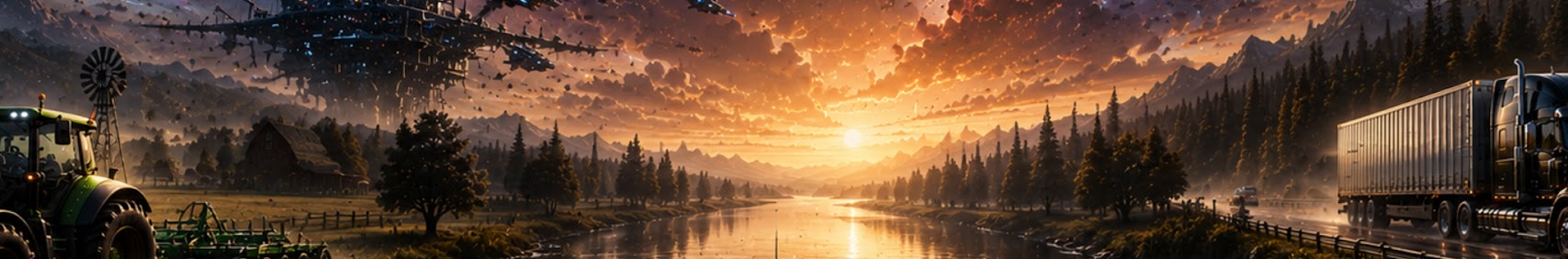 Wide YouTube channel banner of a sunset river valley with a tractor, a truck, pine trees, and a craft in the clouds.